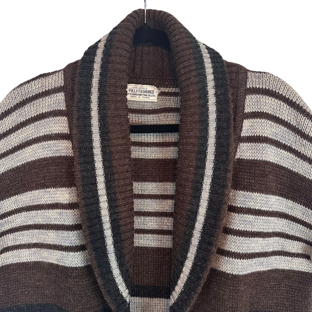 Fair Isle Cardigan Sweater Belted Chunky Knit Vintage Grandpa Unisex M - Picture 7 of 10